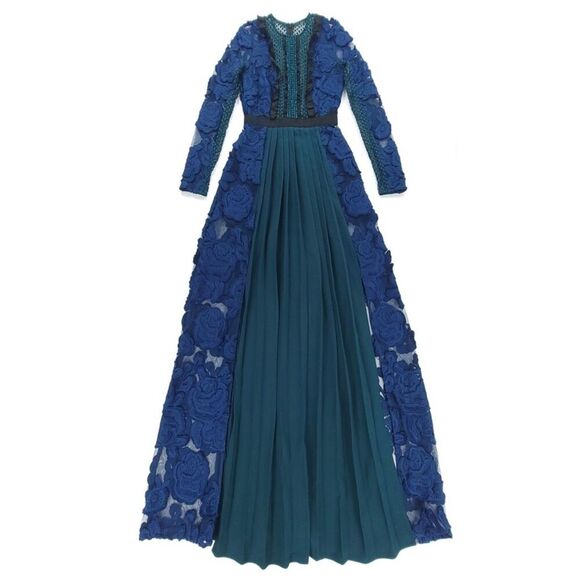 Self-Portrait Dresses & Skirts - NEW Self Portrait Thea Sheer Lace Applique Pleated Maxi Dress Navy Emerald Gown
